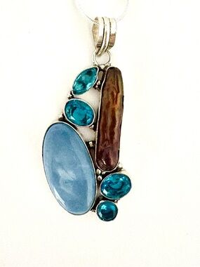 Gorgeous,925 marked, 2 1/2 inch, Owyhee Opal, Blue topaz and Biwa Pearl.pendant